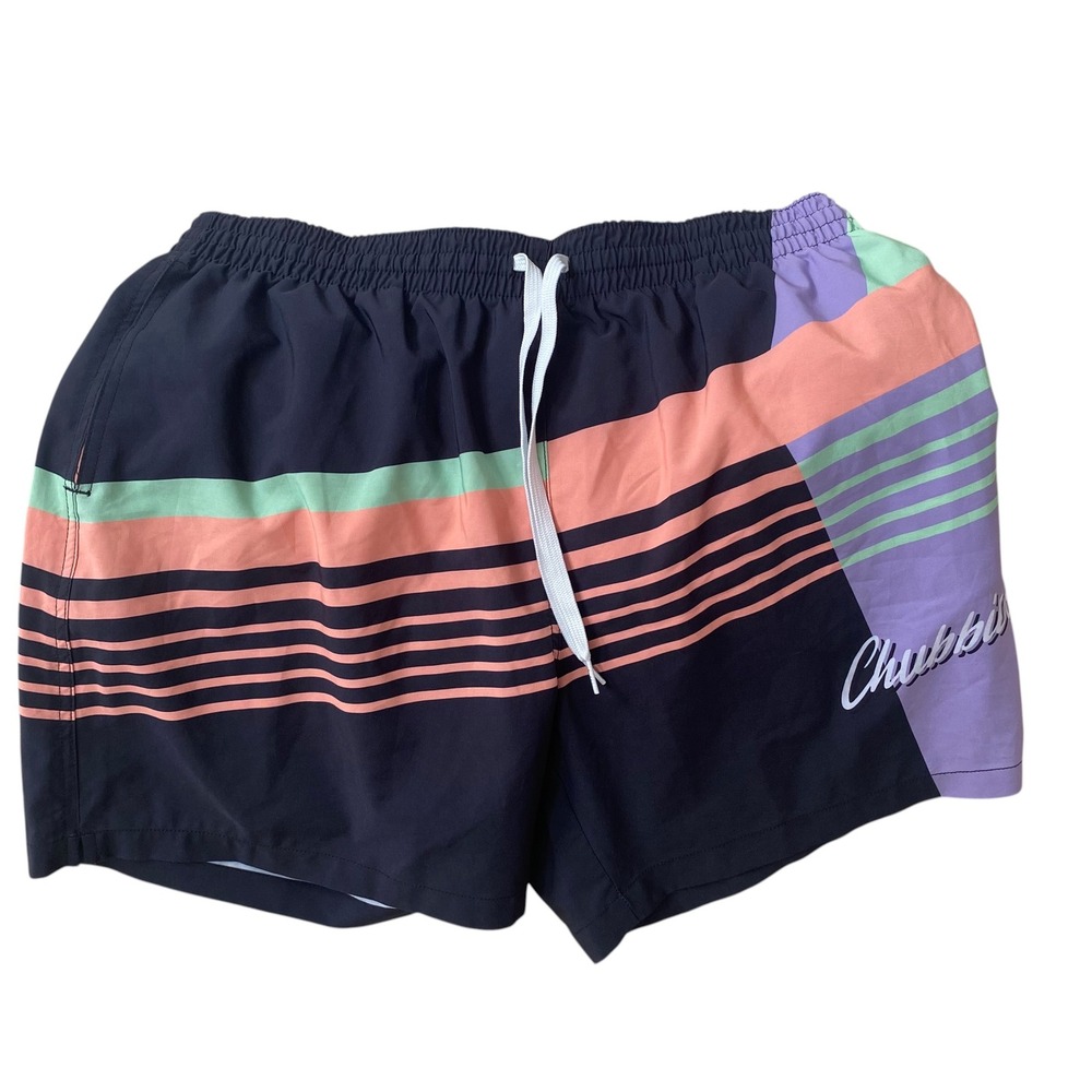 Chubbies Men‎ 5.5 Inseam Swim Trunks XL Navy Retro Geometric Stripe Mesh Lined